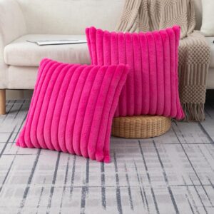 Set of 2 Decorative Throw Pillow Covers Faux Fur 18x18 Inch Hot Pink